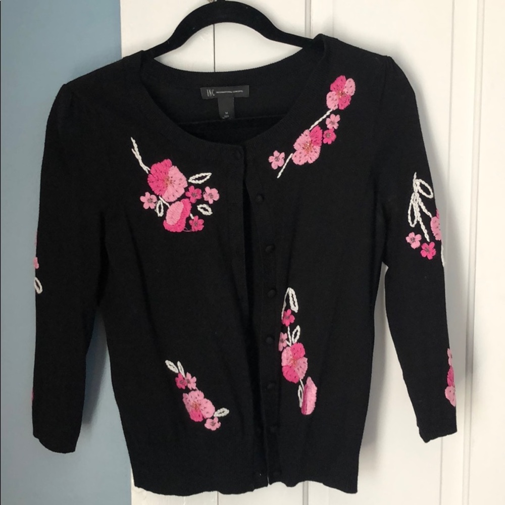 INC  black cardigan with pink embroidery